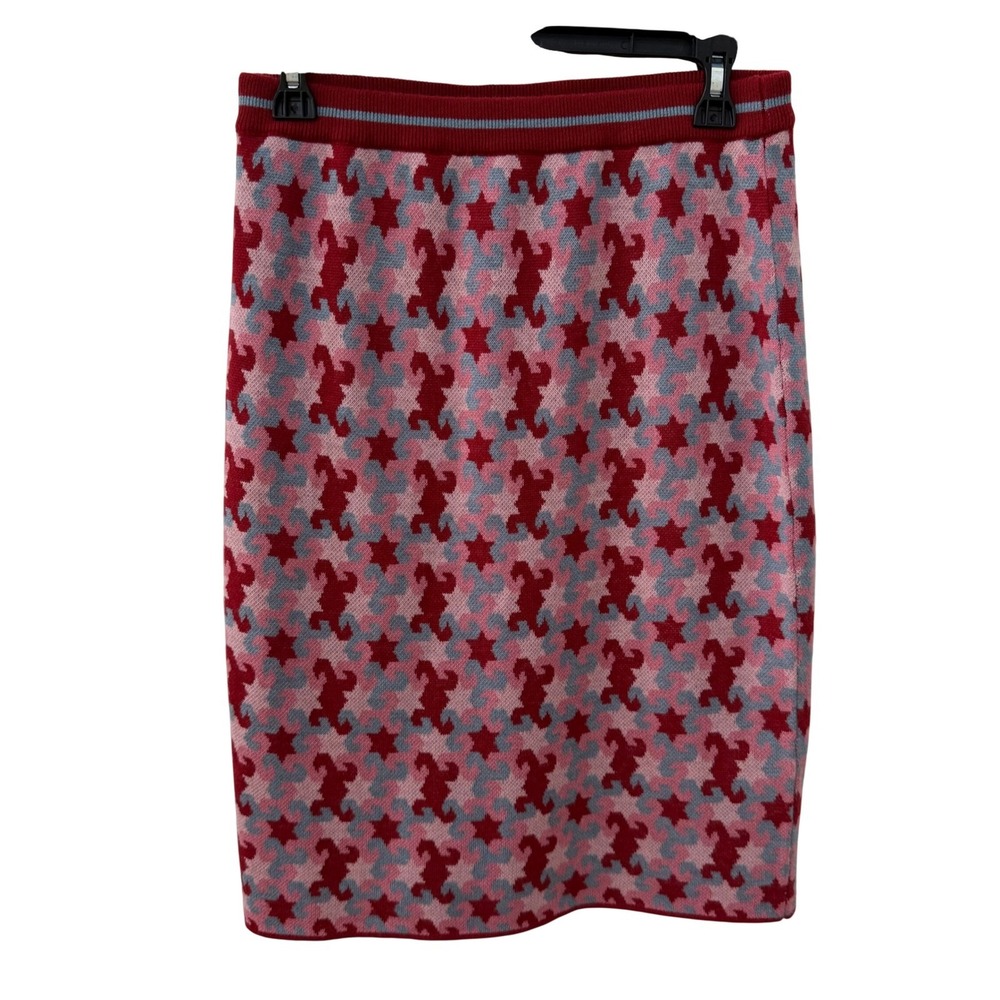 Me369 Knit Midi Skirt Small‎ Red Pink Blue Geometric Wool Blend Pencil